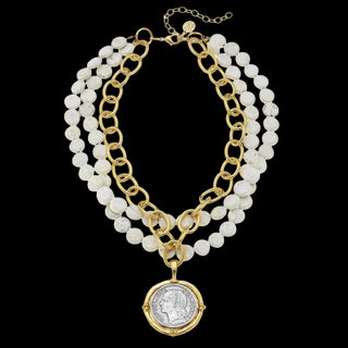 Mixed Metal Coin Multi-Strand White Turquoise Necklace