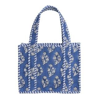 Blue Quilted Floral Mini Tote Bag W/Striped Handle
