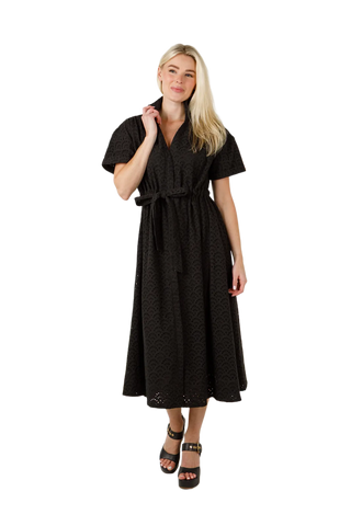 HOLLY SHAE Bria Midi Dress in Black Eyelet