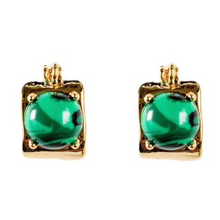 Vintage Mini Square Gold and Green Malachite Huggie Hoops