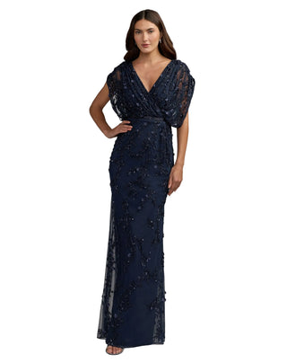 Beaded Mesh V Neck Blouson Column Gown