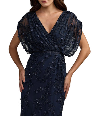 Beaded Mesh V Neck Blouson Column Gown