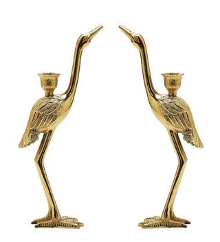 Set of 2 Crane Candle Holders with Antiqued Gold Finish