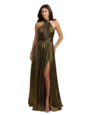 Pleated Metallic Sleeveless Mock Neck Ballgown