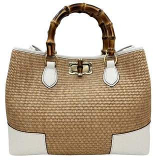 Bamboo Raffia Bag W/Hammered Leather Trim - Bianco