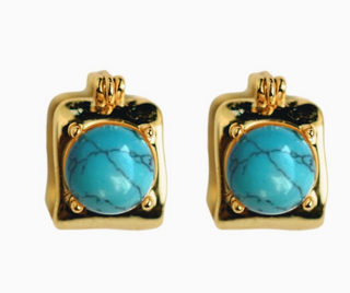 Vintage Mini Square Gold and Turquoise Huggie Hoop