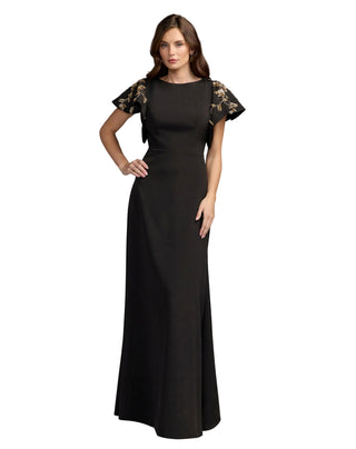 Short Sleeve Crepe Gown with Beaded Bows