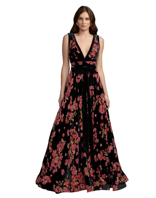Sleeveless Velvet Plunge Neck Bow Ballgown