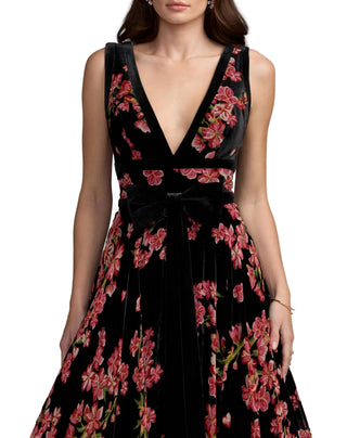 Sleeveless Velvet Plunge Neck Bow Ballgown