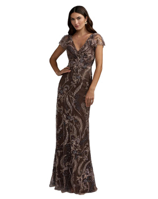 V Neck Flutter Sleeve Floral gown