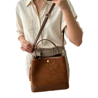 Large Suede Bucket Bag with Genuine Leather Details