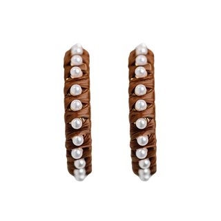 Dark Brown Studded Pearl Raffia Statement Earrings