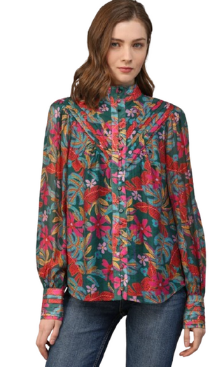 Tucked Yoke Detail Standing Collar Blouse