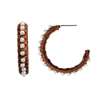 Dark Brown Studded Pearl Raffia Statement Earrings