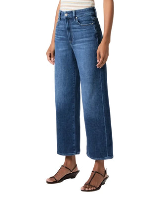 A model wearing a pair of high-waisted, wide-leg cropped blue denim jeans with brown wedge sandals, shown from the waist down on a light gray studio background.