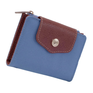 Blue wallet with brown flap and gold button on a white surface
