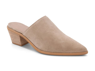 A single taupe suede mule shoe with a pointed toe and a stacked wood-look block heel, shown from a side profile on a white background.