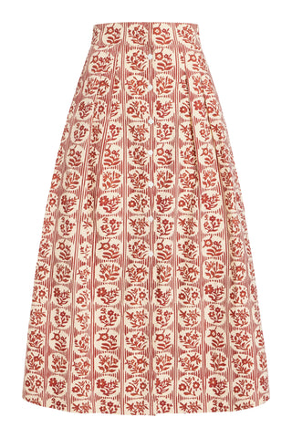 A high-waisted A-line midi skirt featuring a vertical striped pattern with red floral and leaf motifs on a cream background.