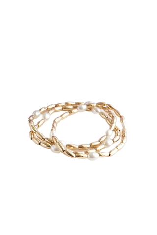 Gold Tone and Pearls Beaded Bracelet Stack of 3 Bracelets
