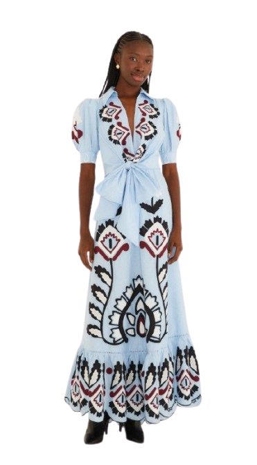 FARM Rio Blue Artisanal Short Sleeve Maxi Dress Blue / M FARM Rio Blue Artisanal Short Sleeve Maxi Dress Blue / M