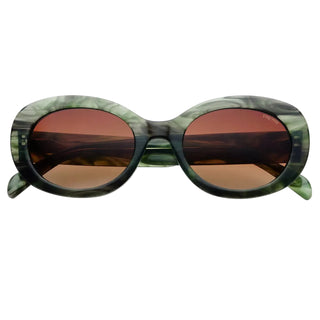 Sunglasses with green tortoiseshell frame and brown lenses on a white background