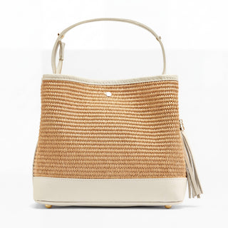 Raffia Bag W/Genuine Leather Details - Latte