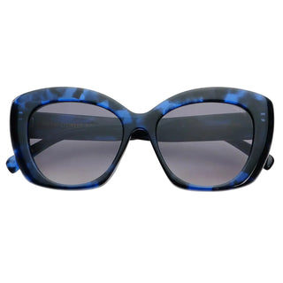 Oversized square sunglasses with a blue and black tortoiseshell patterned frame and dark gray lenses, shown against a plain white background.